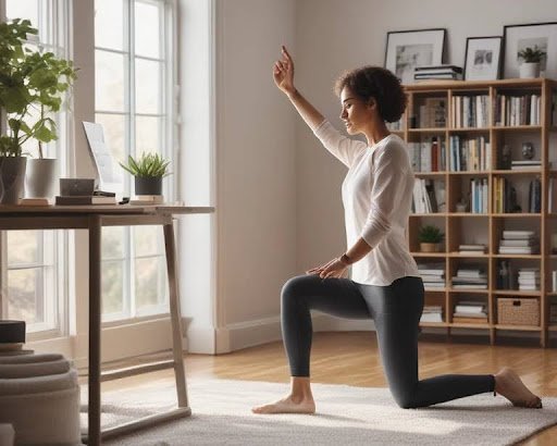 office worker stretching beside desk to reduce discomfort