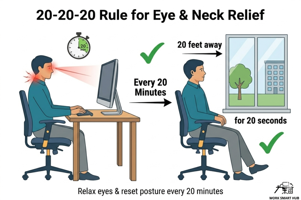 20-20-20 rule illustration: every 20 minutes look 20 feet away for 20 seconds to relax eyes and reset posture, reducing strain and neck tension – Work Smart Hub