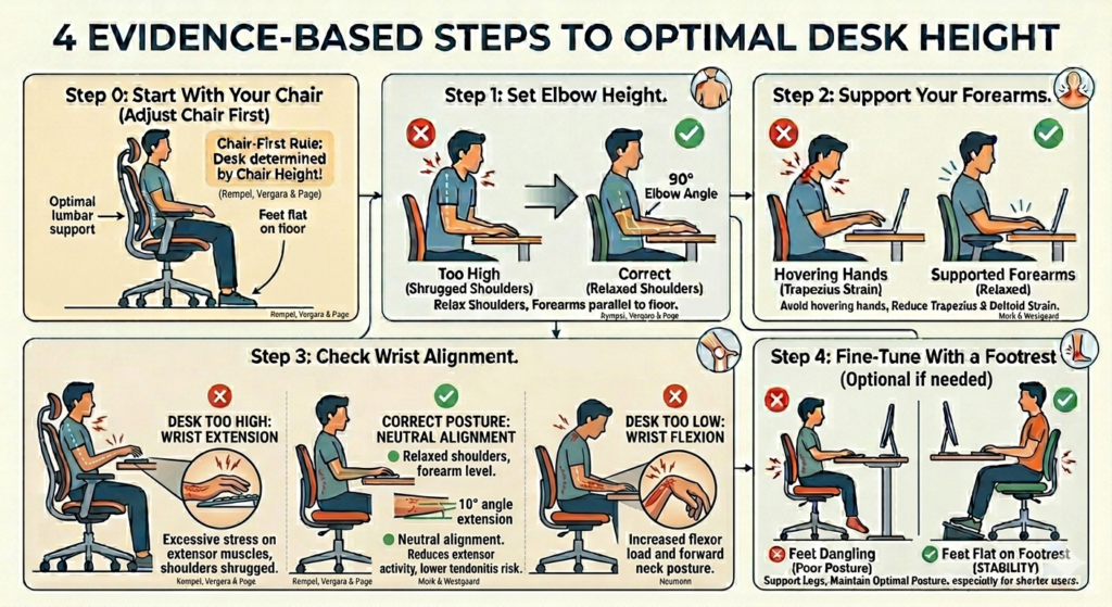 Desk Height Infographic showing 'chair first rule', forearm support, wrist alignment, footrest support
