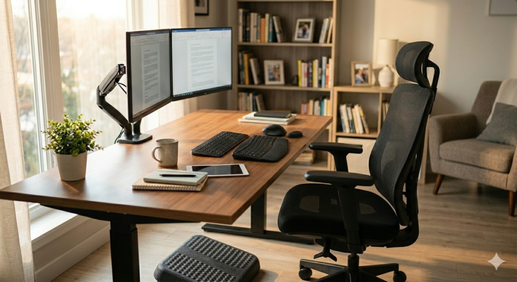 Clean set-up with appropriate desk height ergonomics