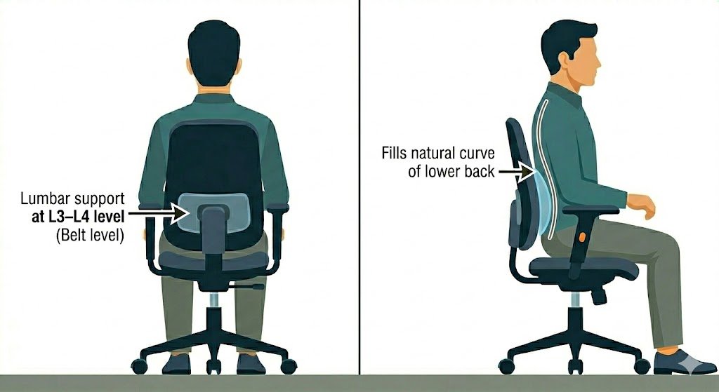 Back view and side profile of office chair illustrating lumbar support positioned at L3–L4 (belt-line height). Lower back gently supported, showing correct lumbar support depth of 2–5 cm
