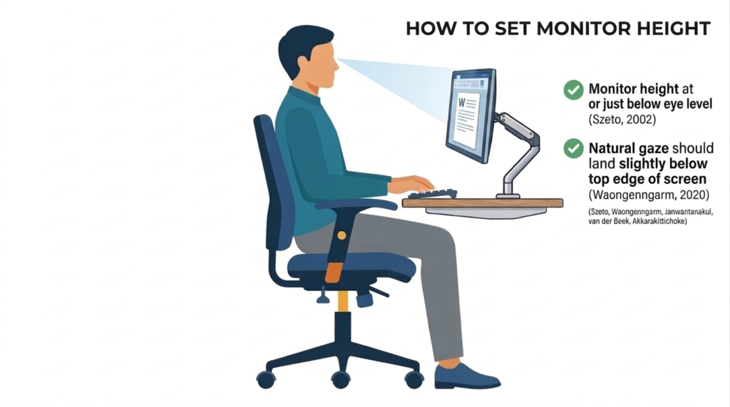 Diagram showing correct monitor height and appropriate monitor ergonomics