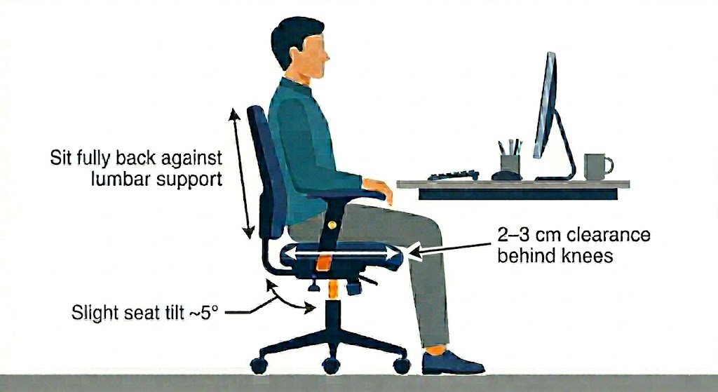 Side view of person sitting in an office chair with feet flat on the floor, knees at 100 degrees, hips slightly above knees, demonstrating proper ergonomic seat height adjustment