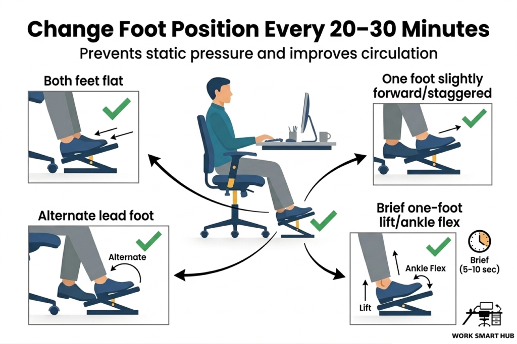 Change foot position every 20–30 minutes on footrest: both flat, staggered/one foot forward, alternate lead foot, brief lift & ankle flex to prevent static pressure and improve circulation and footrestergonomics – Work Smart Hub