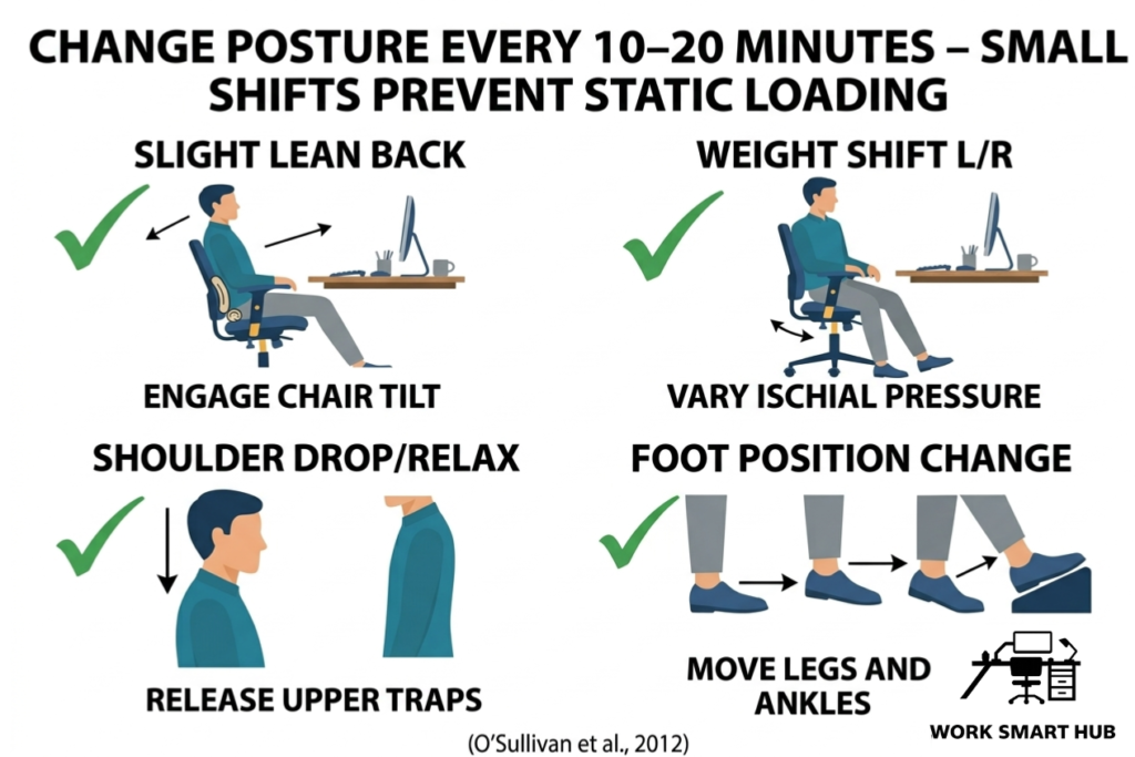Change posture every 10–20 minutes: small shifts like lean back, weight shift, shoulder drop, and foot position change prevent static loading and fatigue – Work Smart Hub