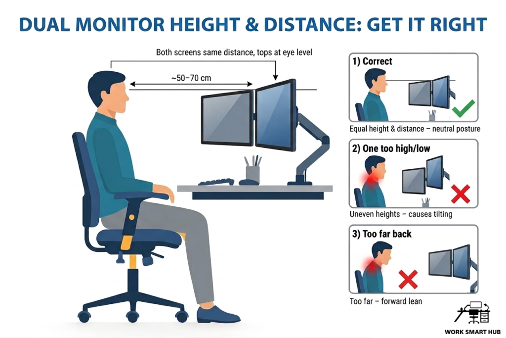 Dual monitor ergonomics height and distance guide: both screens same distance with tops at eye level for neutral posture vs uneven heights causing tilting vs too far back causing forward lean – Work Smart Hu