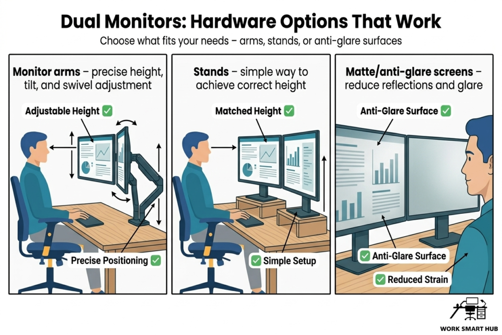 Dual monitors hardware options: monitor arms for precise height/tilt/swivel, stands for simple matched height, and matte/anti-glare screens to reduce reflections and strain – Work Smart Hub