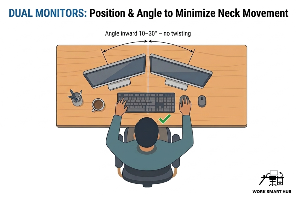 Dual monitors positioning and angling: correct inward 10–30° angle with no neck twisting vs wrong flat/no angle causing awkward twist and neck strain – Work Smart Hub