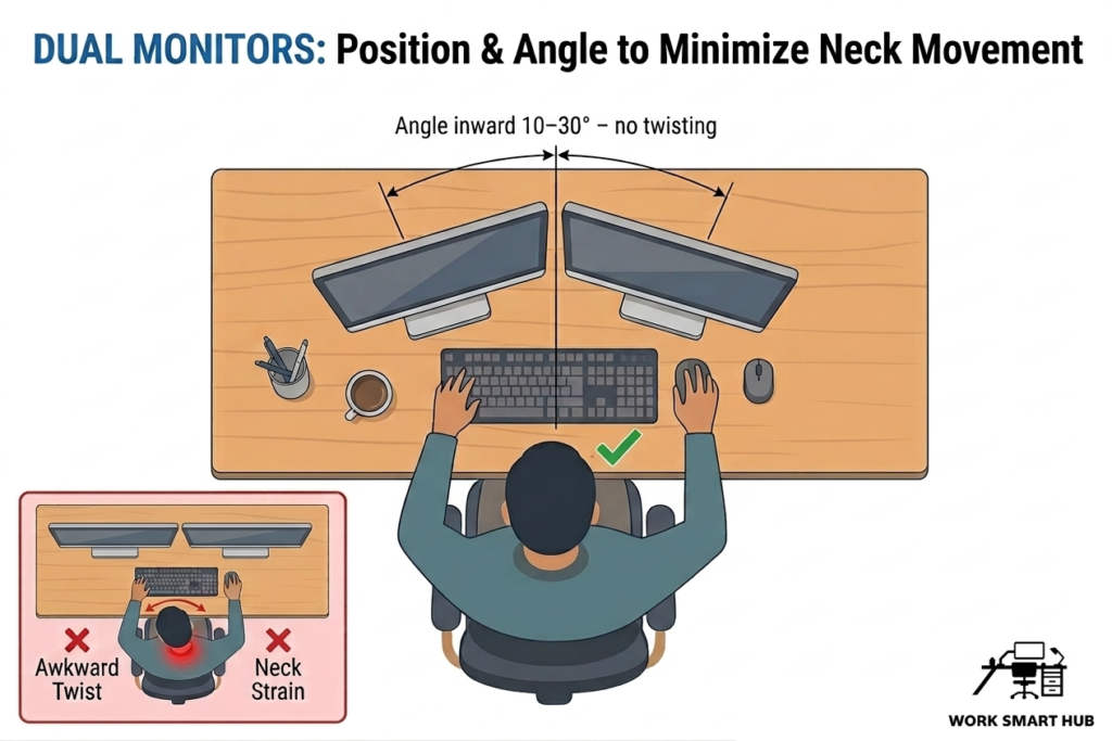 Dual monitors positioning and angling: correct inward 10–30° angle with no neck twisting vs wrong flat/no angle causing awkward twist and neck strain – Work Smart Hub