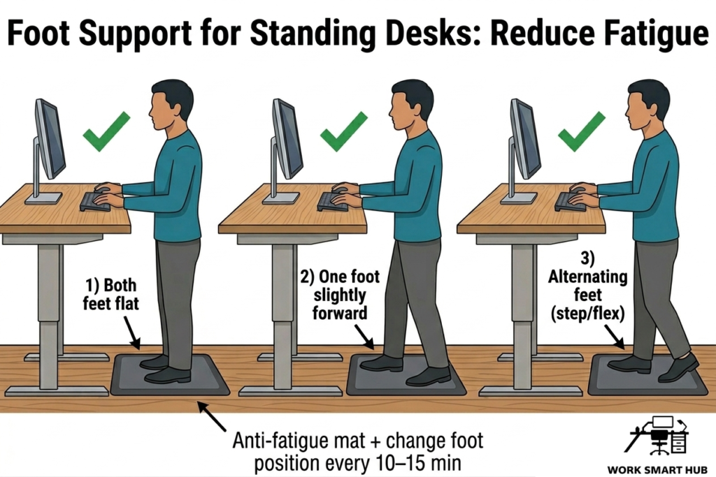 Foot support for standing desks: anti-fatigue mat with three foot positions (both flat, one forward, alternating) to reduce fatigue and lower back pressure – Work Smart Hub