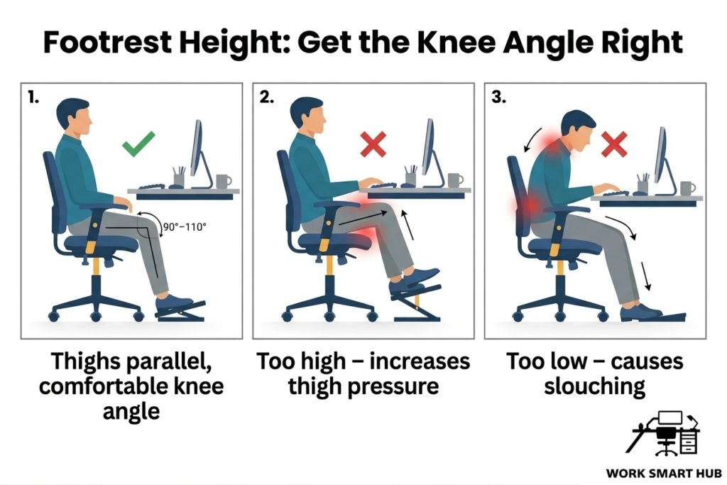 Footrest height guide: correct knee angle (90–110°) with thighs parallel and comfortable vs too high causing thigh pressure vs too low causing slouching – Work Smart Hub