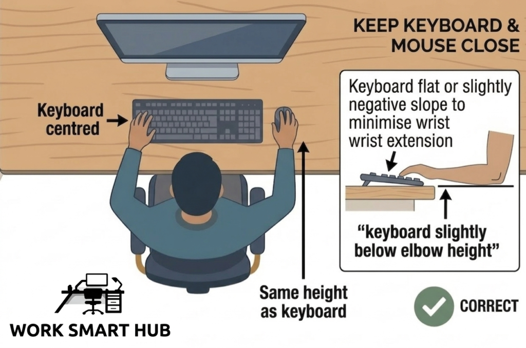 Top-down and side view: keyboard centered and slightly below elbow height with flat or negative slope to minimize wrist extension. Demonstrating ideal keyboard & mouse ergonomics – Work Smart Hub