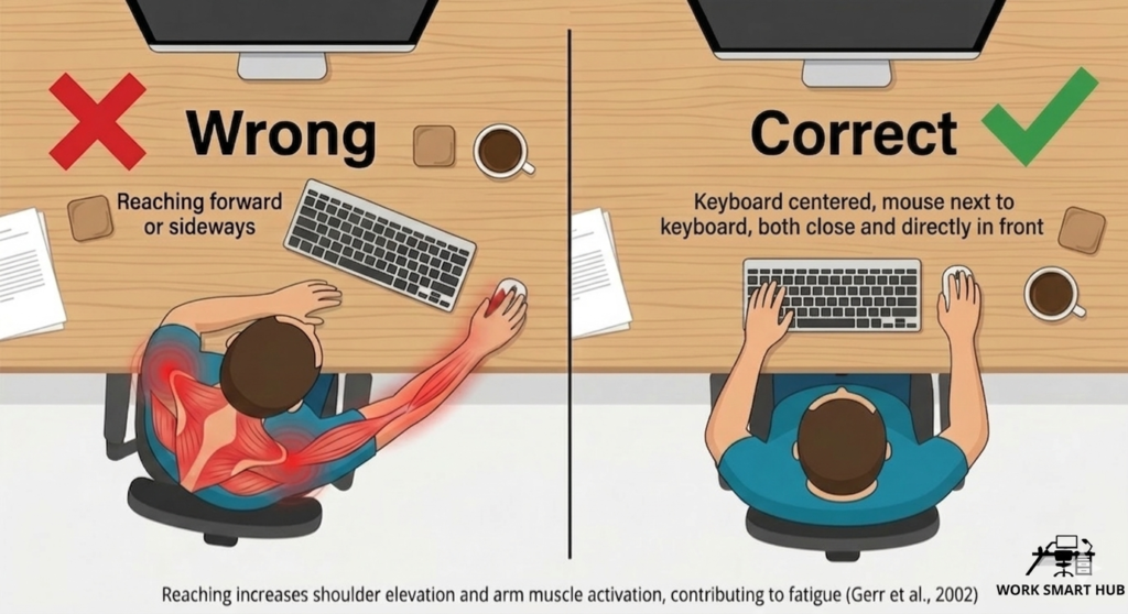 Top-down view: wrong reaching forward or sideways for keyboard and mouse causing arm/shoulder strain vs correct centered keyboard with mouse adjacent and close to body – Work Smart Hub