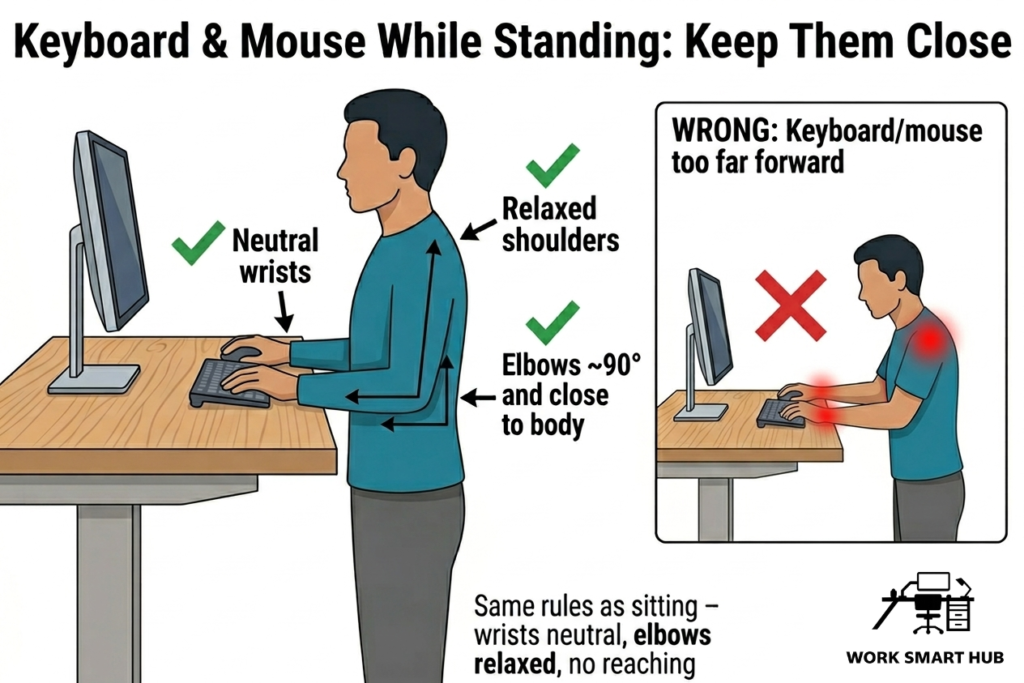 Keyboard and mouse positioning while standing: neutral wrists, elbows close to body, and relaxed shoulders versus reaching forward causing shoulder strain – Work Smart Hub