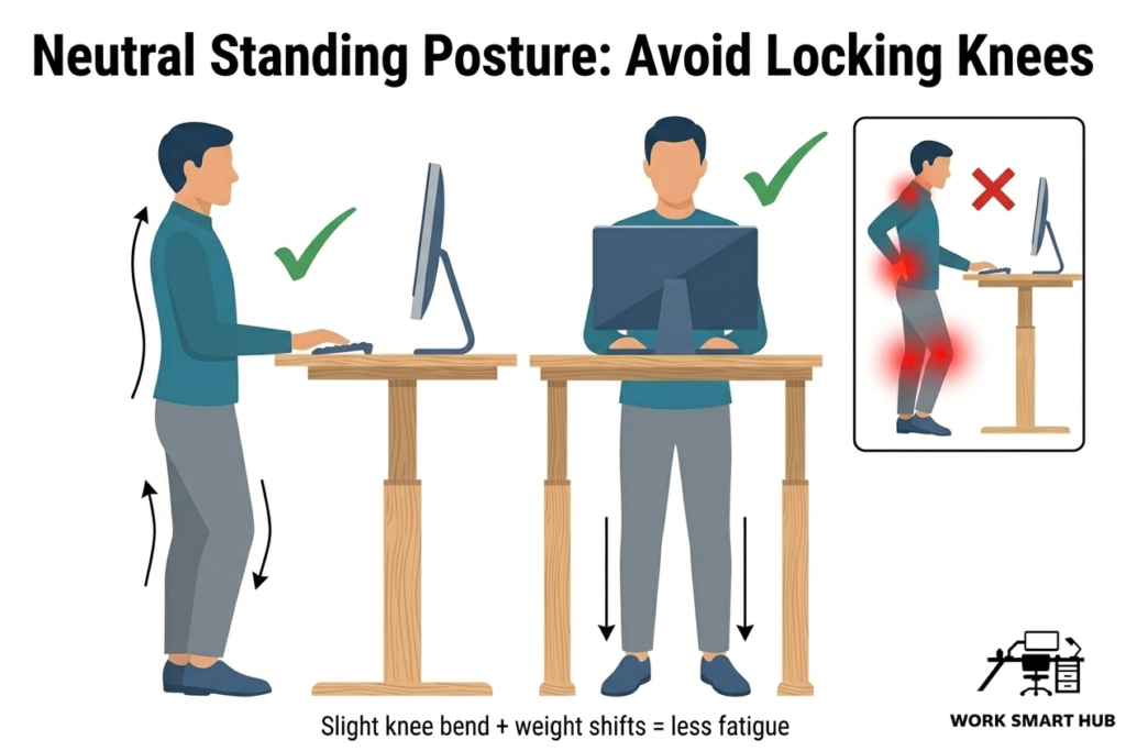 Neutral standing posture for standing desks: slight knee bend with weight shifts to reduce fatigue versus locked knees causing lower back and leg strain – Work Smart Hub