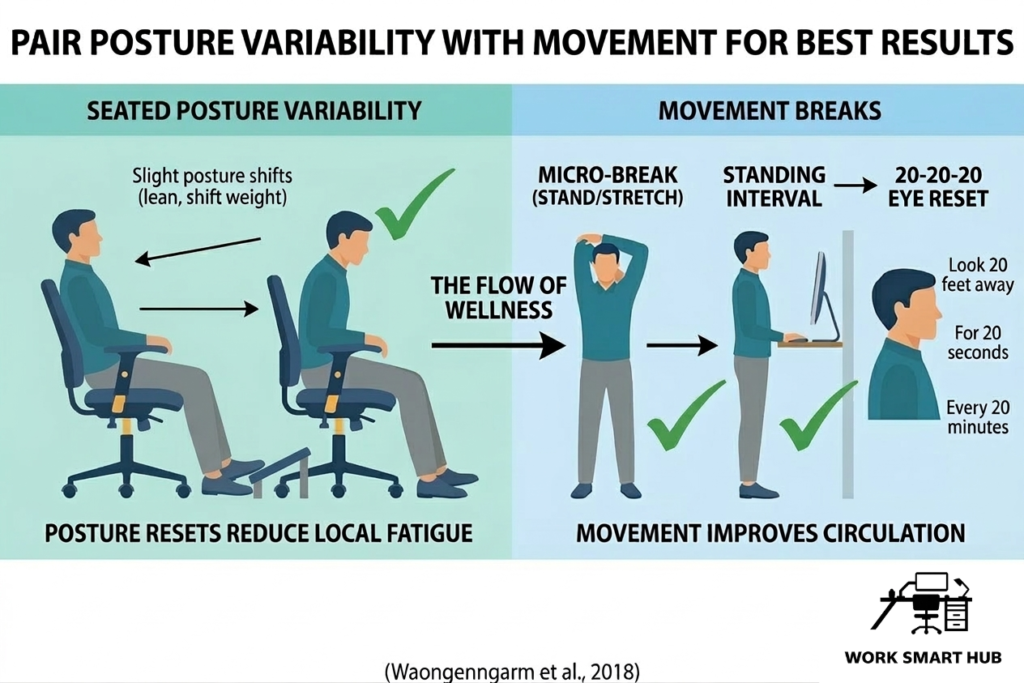 Pair posture variability with movement for best results: seated posture shifts reduce local fatigue, combined with micro-breaks, standing intervals, and 20-20-20 eye reset to improve circulation – Work Smart Hub