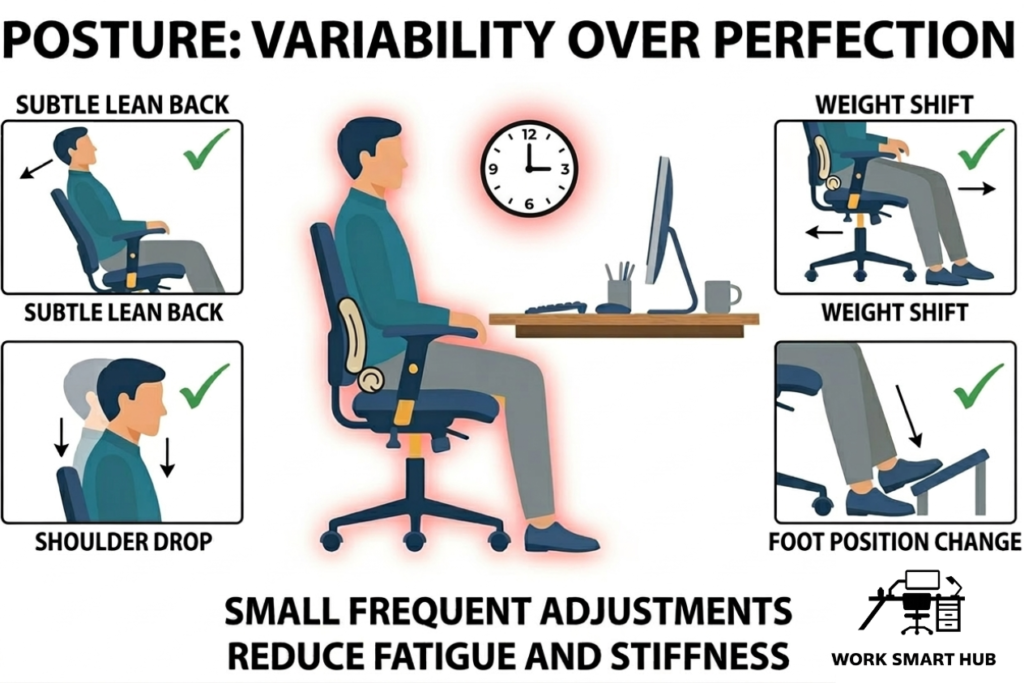 Posture variability over perfection: central static posture with red glow and clock showing fatigue from staying fixed too long vs four dynamic adjustments (lean back, weight shift, shoulder drop, foot position change) with green checks – Work Smart Hub