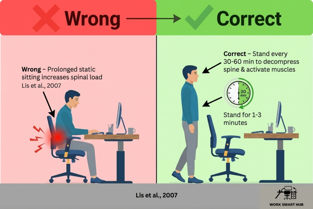 Comparison: wrong prolonged static sitting increasing spinal load and discomfort vs correct stand every 30-60 minutes to decompress spine and activate muscles – Work Smart Hub