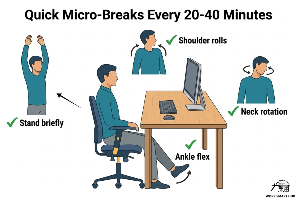 Quick micro-break examples every 20-40 minutes: stand briefly, shoulder rolls, neck rotation, ankle flex to interrupt static posture and reduce muscle fatigue – Work Smart Hub