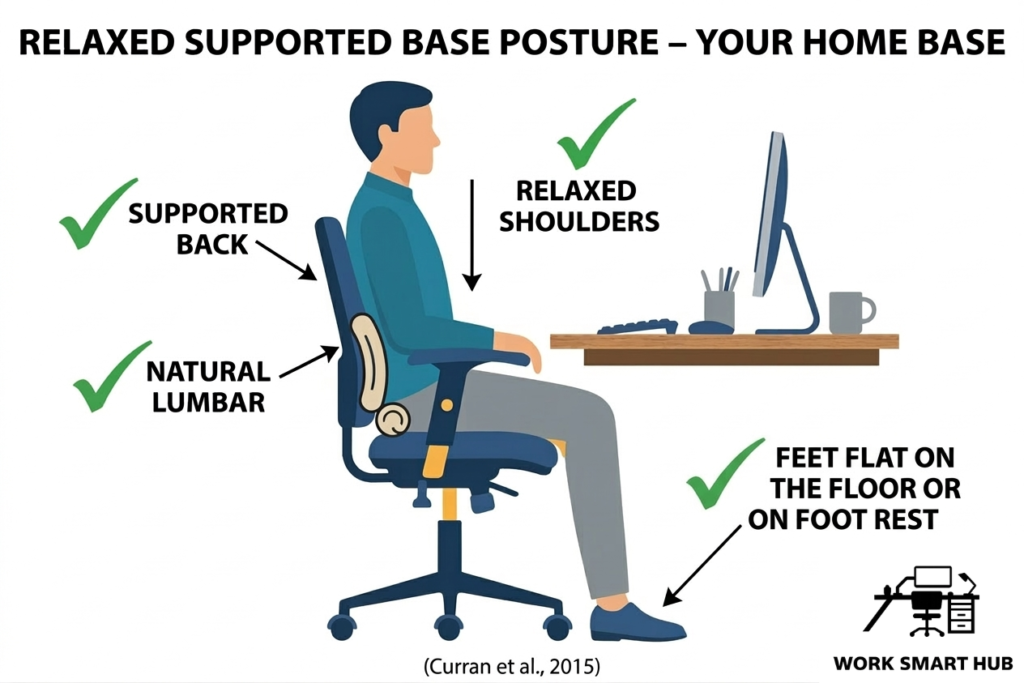 Relaxed supported base posture – your home base: natural lumbar curve, supported back, relaxed shoulders, feet flat on floor or footrest – Work Smart Hub