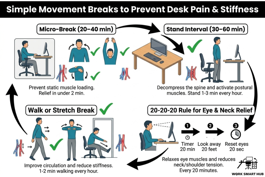 Cycle of simple movement breaks to prevent desk pain: micro-breaks every 20-40 min, stand intervals every 30-60 min, walk or stretch breaks, and 20-20-20 rule for eye and neck relief – Work Smart Hub