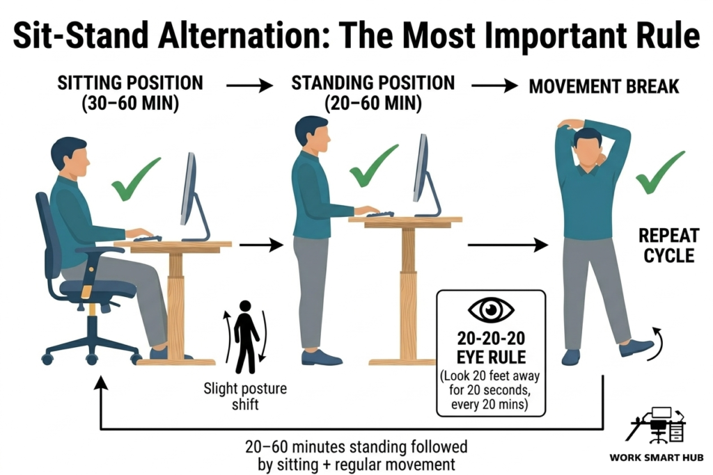 Sit-stand alternation schedule for standing desk ergonomics: 30–60 minutes sitting to 20–60 minutes standing followed by movement breaks and 20-20-20 eye rule – Work Smart Hub