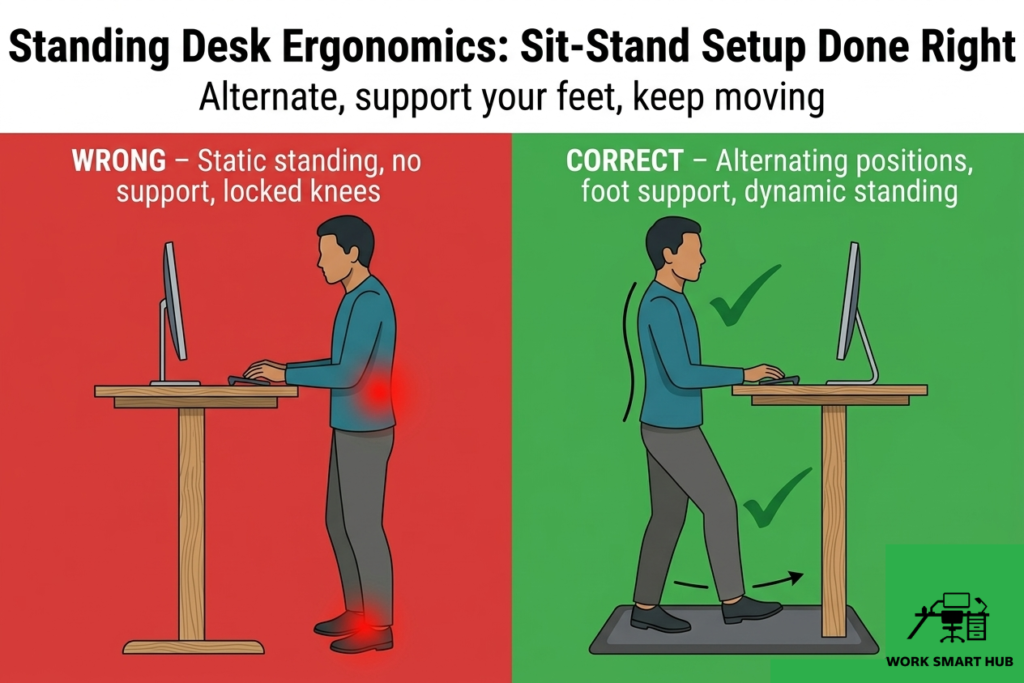Standing desk ergonomics: correct sit-stand setup with alternating positions, foot support, and dynamic standing versus wrong static standing with locked knees and no support – Work Smart Hub