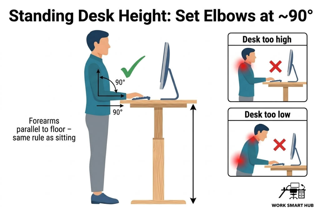 Standing desk height guide: correct elbow position at ~90° with forearms parallel to floor versus desk too high or too low causing shoulder and neck strain – Work Smart Hub