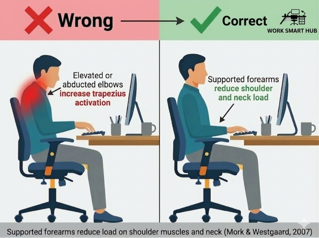 Side-view comparison: wrong elevated or abducted elbows increasing trapezius and neck strain vs correct supported forearms reducing shoulder and neck load – Work Smart Hub