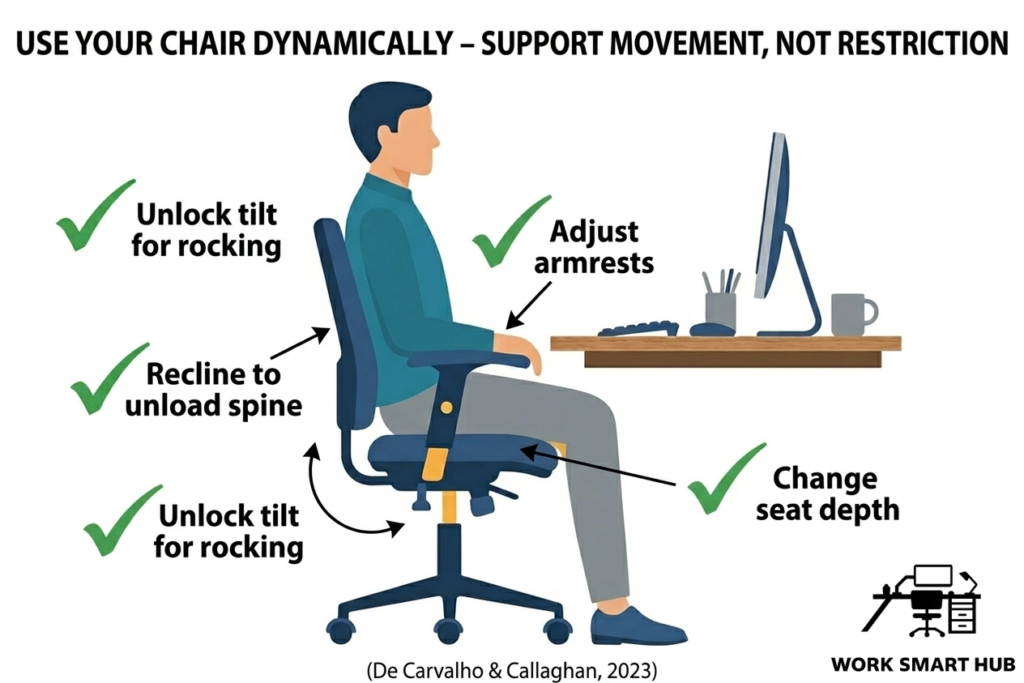 Use your chair dynamically to support movement, not restriction: unlock tilt for rocking, recline to unload spine, adjust armrests, change seat depth – Work Smart Hub