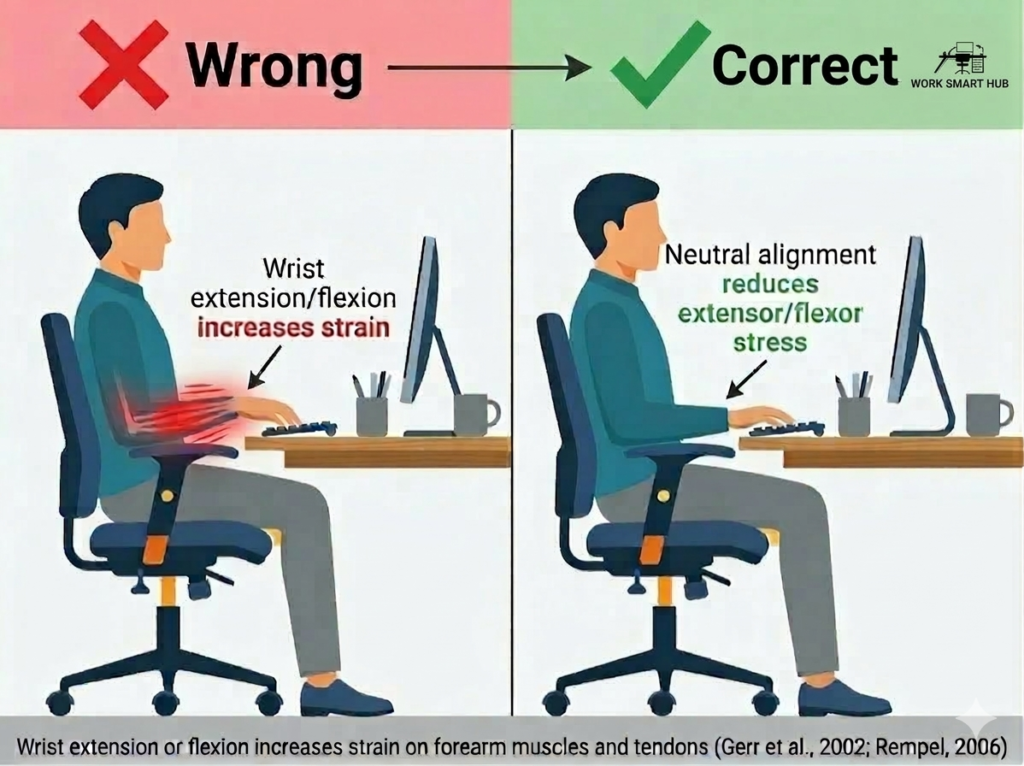 Side-view comparison: wrong wrist extension or flexion increasing forearm strain vs correct neutral wrist alignment reducing extensor/flexor stress – Work Smart Hub