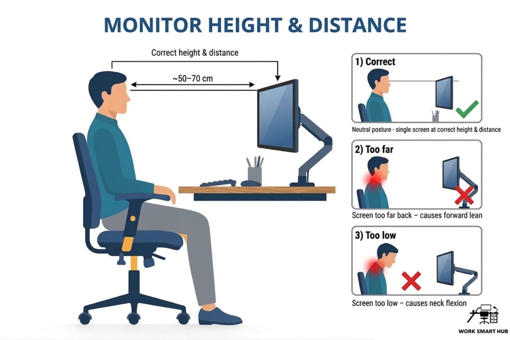 Monitor height and distance guide showing correct arm’s length positioning at eye level versus screens too far back or too low causing neck strain – Work Smart Hub
